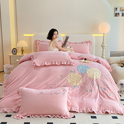 可以家居 2024新款超细旦全消光有机云绒四件套-玫瑰的故事 玫瑰的故事-贵族粉