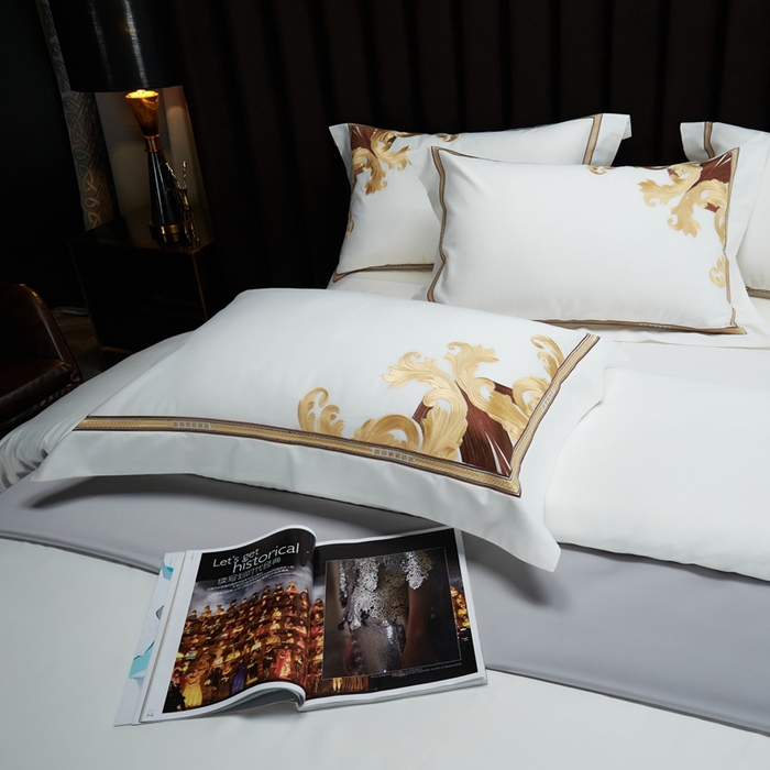 91家纺网 家纺一手货源 找家纺 缔缦 2024新款定织新布种S140系列刺绣拼角工艺四件套-威廉皇室 威廉皇室 贵族白