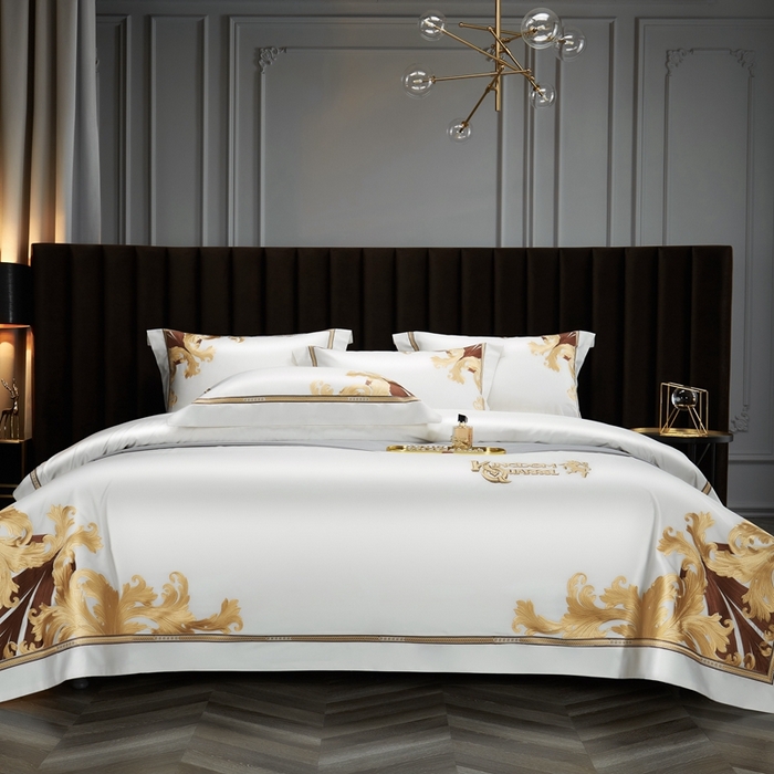 91家纺网 家纺一手货源 找家纺 缔缦 2024新款定织新布种S140系列刺绣拼角工艺四件套-威廉皇室 威廉皇室 贵族白