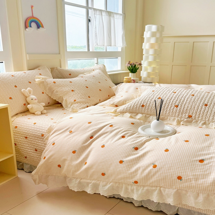 91家纺网 家纺一手货源 找家纺 添越 2024新款纯棉砂洗床盖小橙子