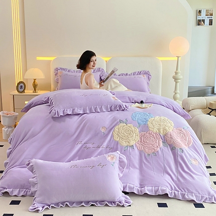 可以家居 2024新款超细旦全消光有机云绒四件套-玫瑰的故事 玫瑰的故事-优雅紫