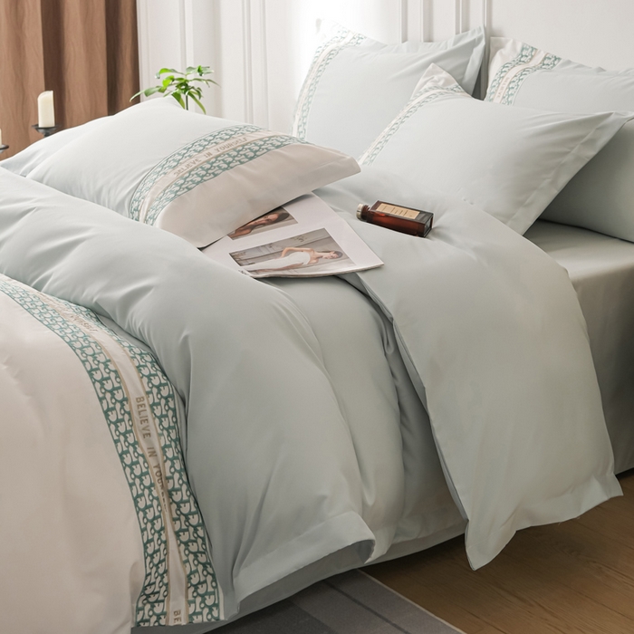 91家纺网 家纺一手货源 找家纺 布可家纺 2025新款时髦大牌高级感水洗磨毛刺绣四件套-帝奥 帝奥-冰川蓝