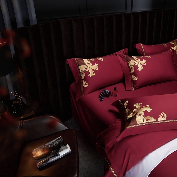 91家纺网 家纺一手货源 找家纺 缔缦 2024新款定织新布种S140系列刺绣拼角工艺四件套-威廉皇室 威廉皇室 酒红