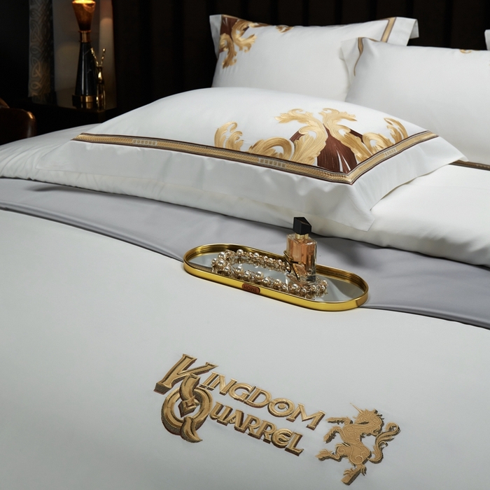 91家纺网 家纺一手货源 找家纺 缔缦 2024新款定织新布种S140系列刺绣拼角工艺四件套-威廉皇室 威廉皇室 贵族白