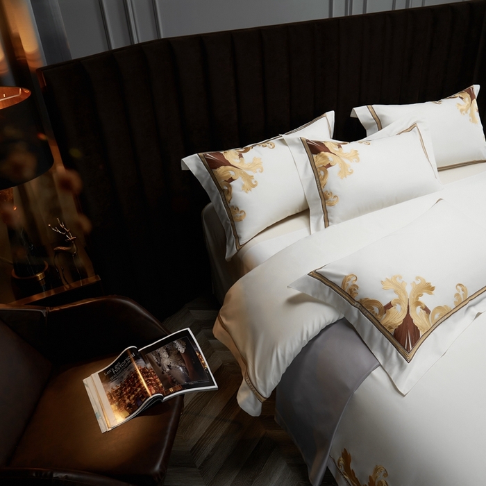 91家纺网 家纺一手货源 找家纺 缔缦 2024新款定织新布种S140系列刺绣拼角工艺四件套-威廉皇室 威廉皇室 贵族白