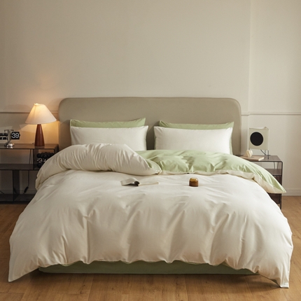 91家纺网 家纺一手货源 找家纺 恋人优选 2024新款A类纯棉磨毛四件套 奶昔白+春野绿