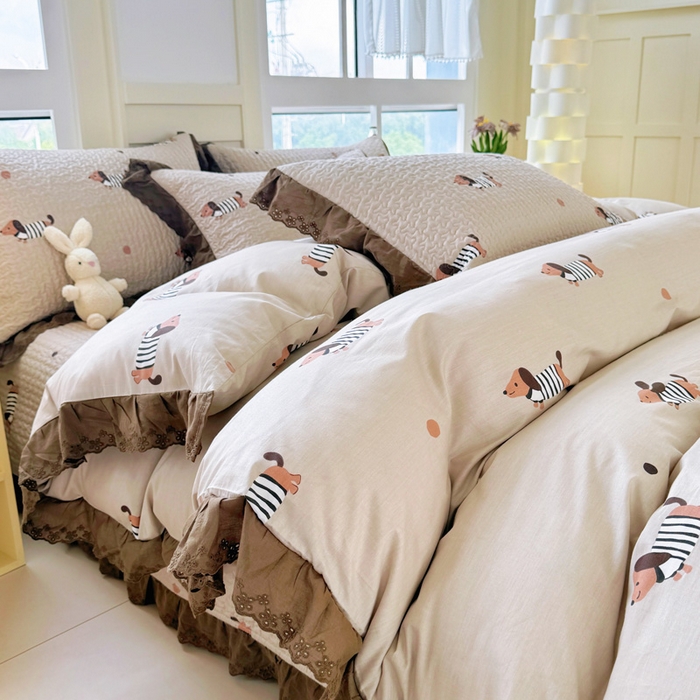 91家纺网 家纺一手货源 找家纺 添越 2024新款纯棉砂洗床盖腊肠狗