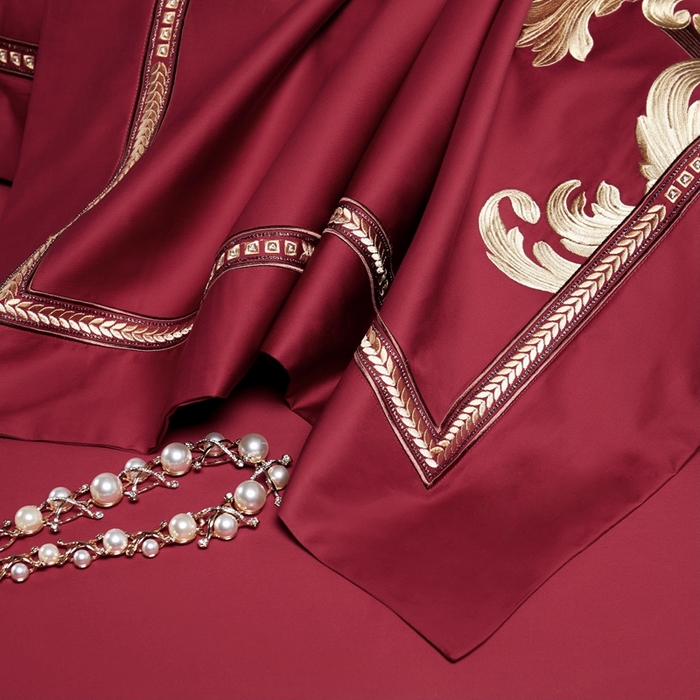 91家纺网 家纺一手货源 找家纺 缔缦 2024新款定织新布种S140系列刺绣拼角工艺四件套-威廉皇室 威廉皇室 酒红