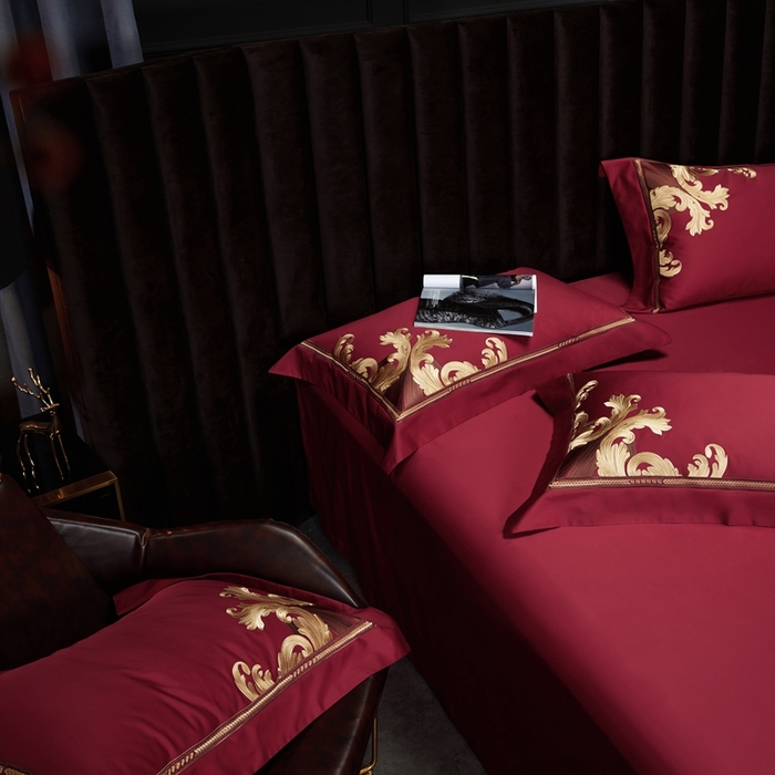 91家纺网 家纺一手货源 找家纺 缔缦 2024新款定织新布种S140系列刺绣拼角工艺四件套-威廉皇室 威廉皇室 酒红