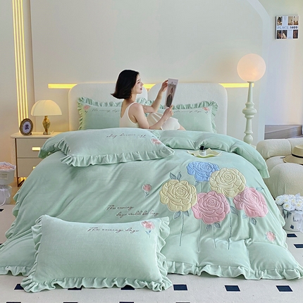 可以家居 2024新款超细旦全消光有机云绒四件套-玫瑰的故事 玫瑰的故事-新芽绿