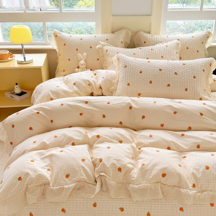 91家纺网 家纺一手货源 找家纺 添越 2024新款纯棉砂洗床盖小橙子