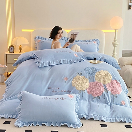 可以家居 2024新款超细旦全消光有机云绒四件套-玫瑰的故事 玫瑰的故事-繁星蓝