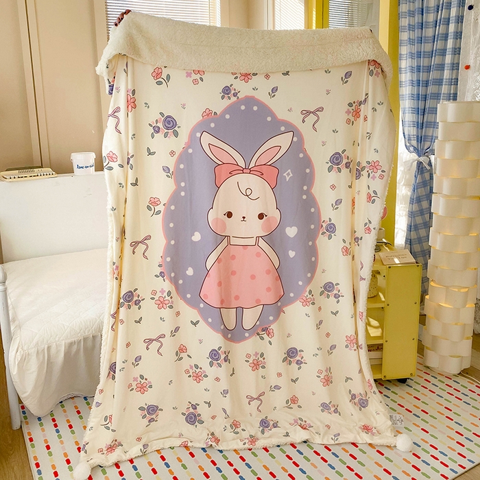 91家纺网 家纺一手货源 找家纺 潮邦创意家居 2025新款印花大版羊羔绒球-BIBY KELY系列羊绒绒毯 碎花长耳兔