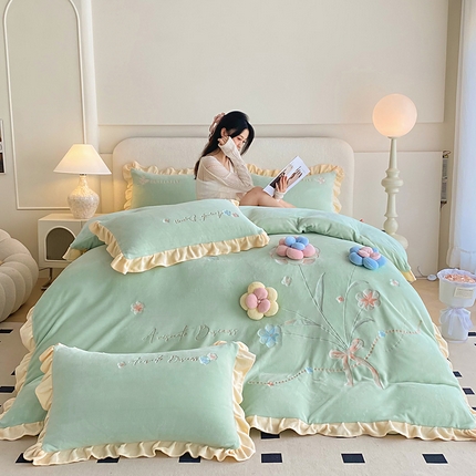 可以家居 2024新款超细旦全消光有机云绒四件套-布拉格 布拉格-新芽绿