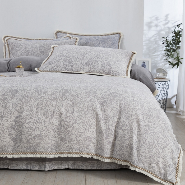 91家纺网 家纺一手货源 找家纺 鲁爱 2025新款全棉三层纱流苏款四件套 知心-灰