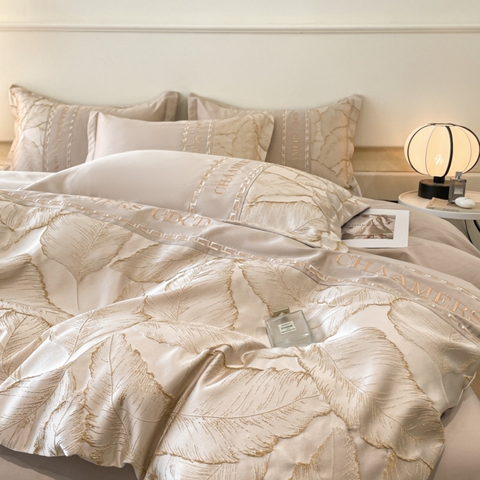 91家纺网 家纺一手货源 找家纺 2024新款拼接浮雕刺绣全棉纯棉加厚陶瓷生态磨毛四件套-茱莉叶 香槟金