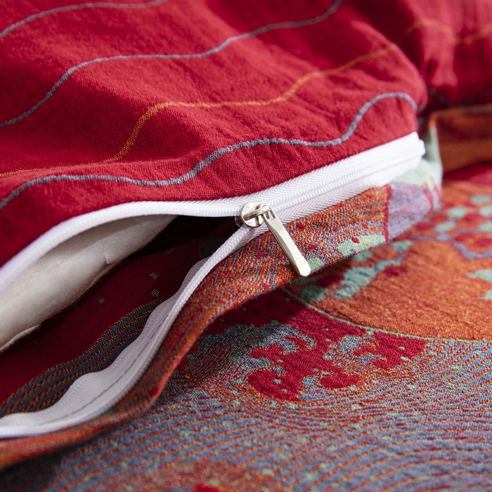 91家纺网 家纺一手货源 找家纺 鲁爱 2025新款大版色织提花全棉双层纱四件套 海上明月-红