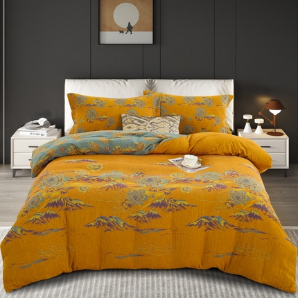 鲁爱 2025新款大版色织提花全棉双层纱四件套 游园清梦-黄