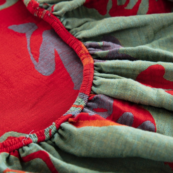 91家纺网 家纺一手货源 找家纺 鲁爱 2025新款色织提花全棉双层纱床笠（正反两用） 百福-正红（双面用床笠）