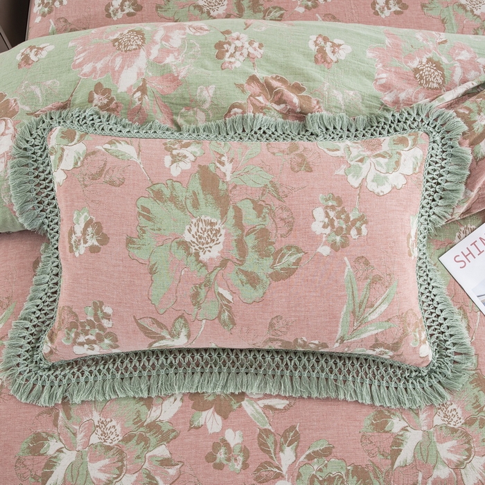 91家纺网 家纺一手货源 找家纺 鲁爱 2025新款全棉双层纱流苏花边四件套 寻芳-粉