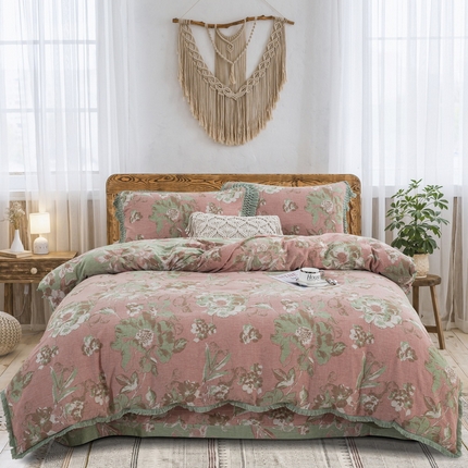 91家纺网 家纺一手货源 找家纺 （总）鲁爱 2025新款全棉双层纱流苏花边四件套