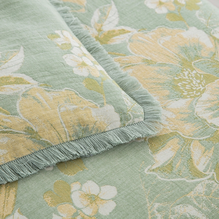 91家纺网 家纺一手货源 找家纺 鲁爱 2025新款全棉双层纱流苏花边四件套 寻芳-绿