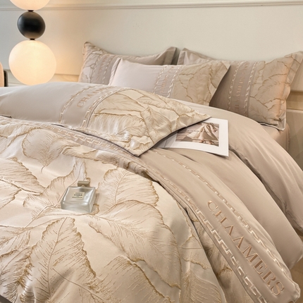 2024新款拼接浮雕刺绣全棉纯棉加厚陶瓷生态磨毛四件套-茱莉叶 香槟金