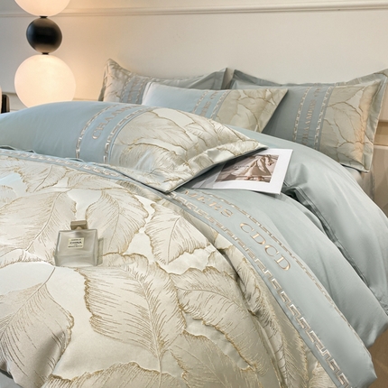 2024新款拼接浮雕刺绣全棉纯棉加厚陶瓷生态磨毛四件套-茱莉叶 蓝绿