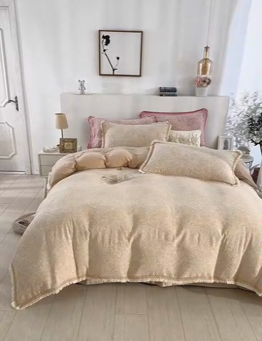 91家纺网 家纺一手货源 找家纺 鲁爱 2025新款全棉三层纱流苏款四件套 知心-浅咖