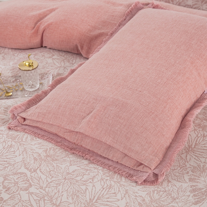 91家纺网 家纺一手货源 找家纺 鲁爱 2025新款全棉三层纱流苏款四件套 知心-粉