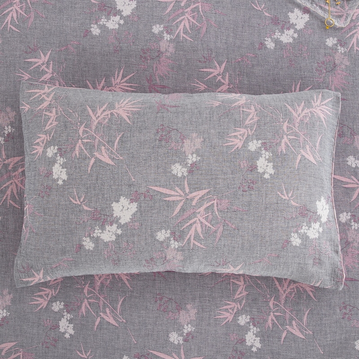 91家纺网 家纺一手货源 找家纺 鲁爱 2025新款色织提花全棉双层纱床笠（正反两用） 竹韵-粉灰（双面用床笠）