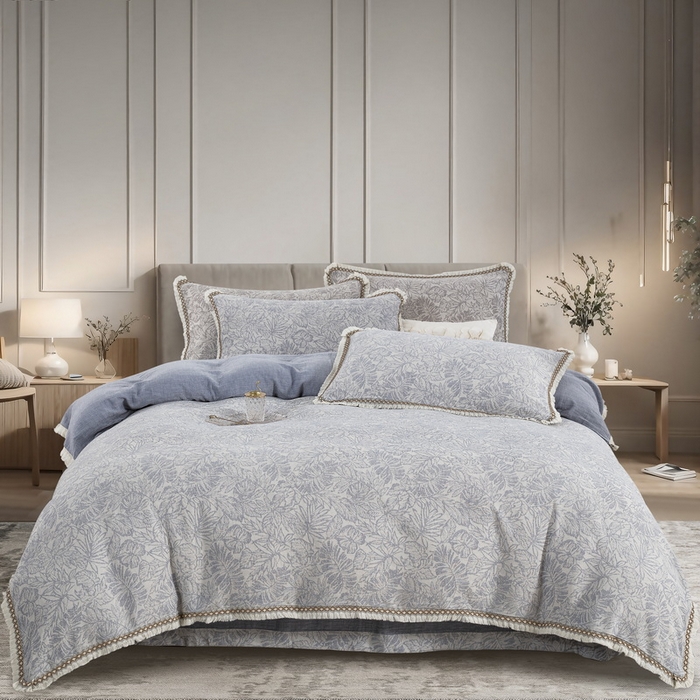 91家纺网 家纺一手货源 找家纺 鲁爱 2025新款全棉三层纱流苏款四件套 知心-蓝