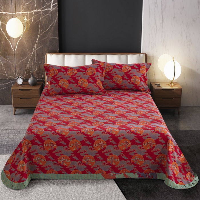 91家纺网 家纺一手货源 找家纺 鲁爱 2025新款大版色织提花全棉双层纱四件套 海上明月-红