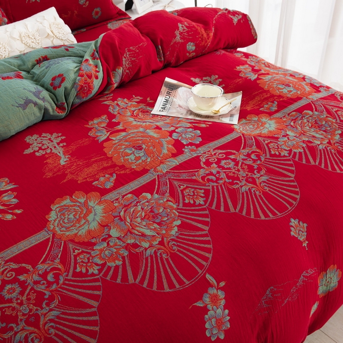 91家纺网 家纺一手货源 找家纺 鲁爱 2025新款大版色织提花全棉双层纱四件套 福禄-红