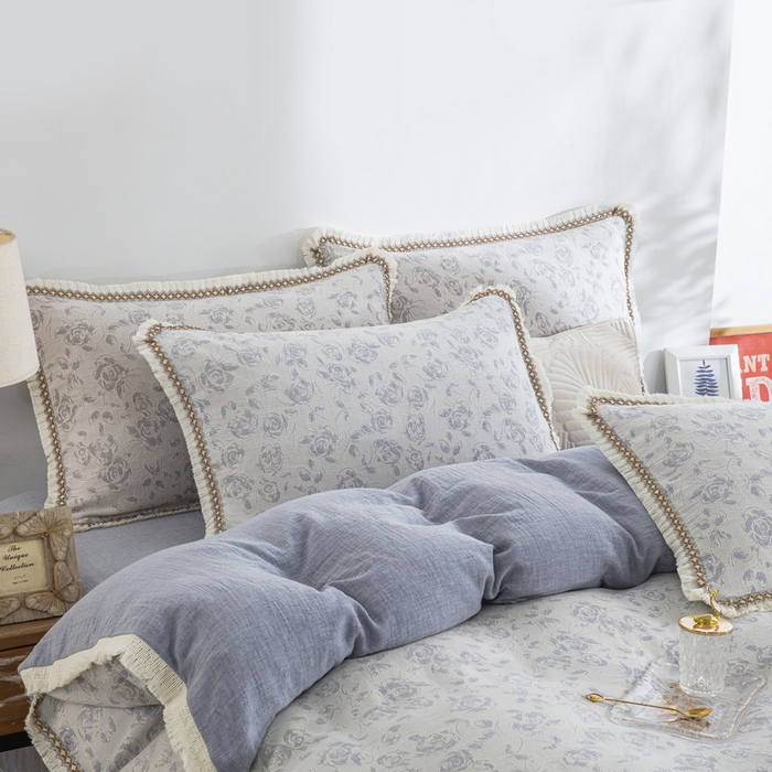 91家纺网 家纺一手货源 找家纺 鲁爱 2025新款全棉三层纱流苏款四件套 唯爱-蓝