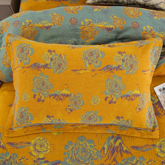 91家纺网 家纺一手货源 找家纺 鲁爱 2025新款大版色织提花全棉双层纱四件套 游园清梦-黄