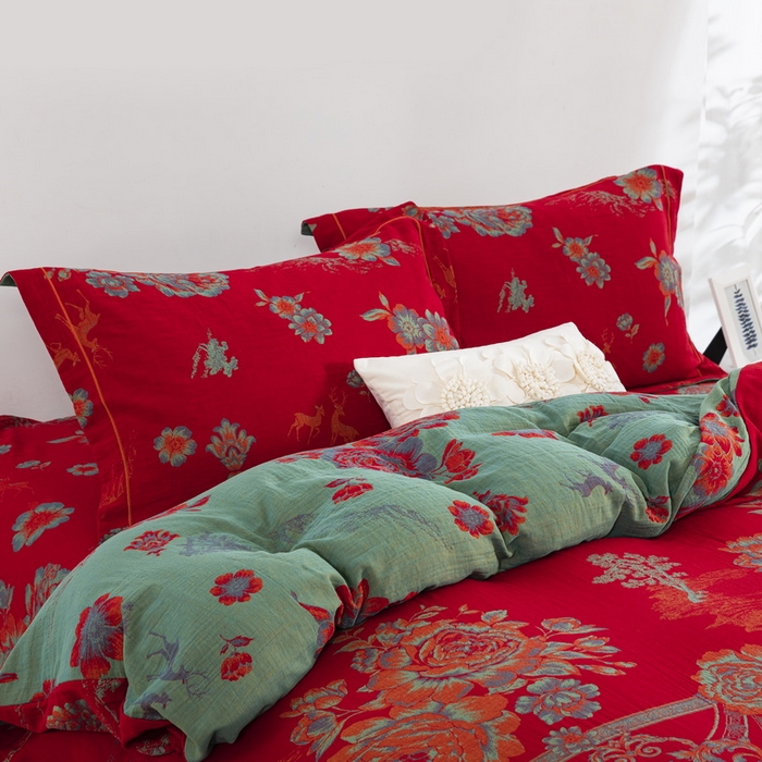 91家纺网 家纺一手货源 找家纺 鲁爱 2025新款大版色织提花全棉双层纱四件套 福禄-红