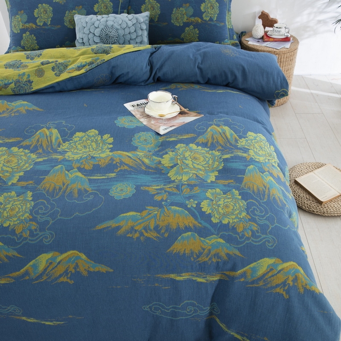 91家纺网 家纺一手货源 找家纺 鲁爱 2025新款大版色织提花全棉双层纱四件套 游园清梦-兰