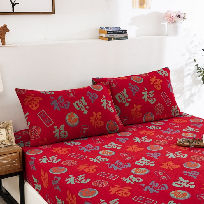 91家纺网 家纺一手货源 找家纺 鲁爱 2025新款色织提花全棉双层纱床笠（正反两用） 百福-正红（双面用床笠）