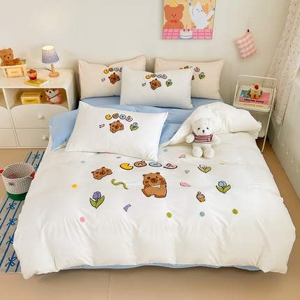 91家纺网 家纺一手货源 找家纺 （总）希丞 2024新款亲肤舒适卡通毛巾绣水洗棉印花四件套（提供买家秀）