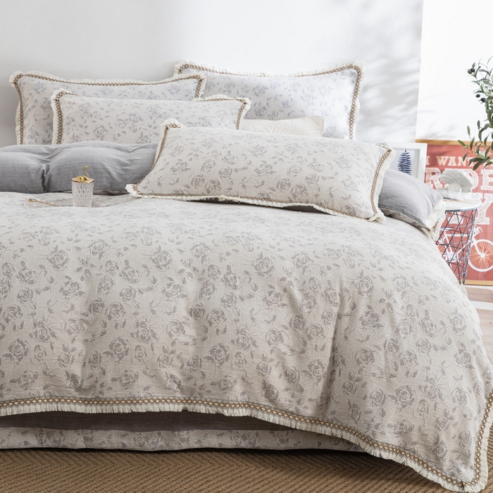 91家纺网 家纺一手货源 找家纺 鲁爱 2025新款全棉三层纱流苏款四件套 唯爱-灰