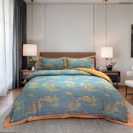 鲁爱 2025新款全棉色织双层纱新款镂空四件套 彩韵-绿