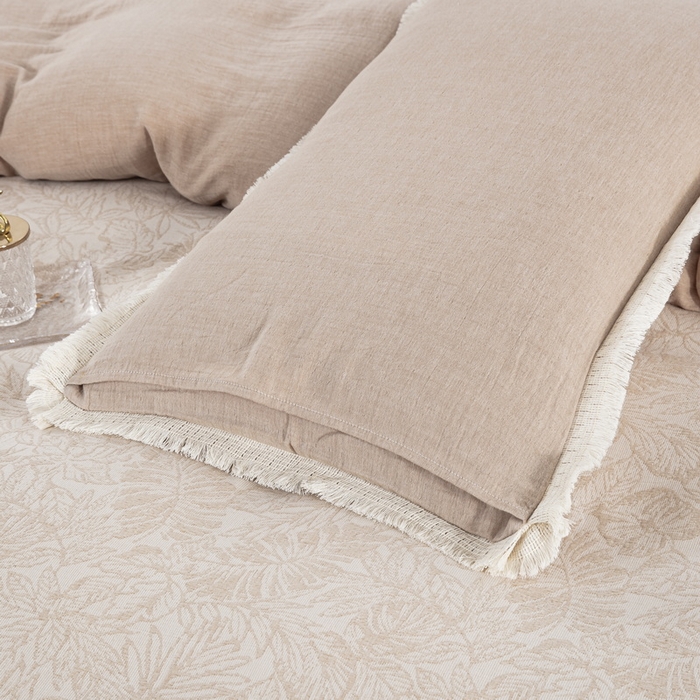 91家纺网 家纺一手货源 找家纺 鲁爱 2025新款全棉三层纱流苏款四件套 知心-浅咖