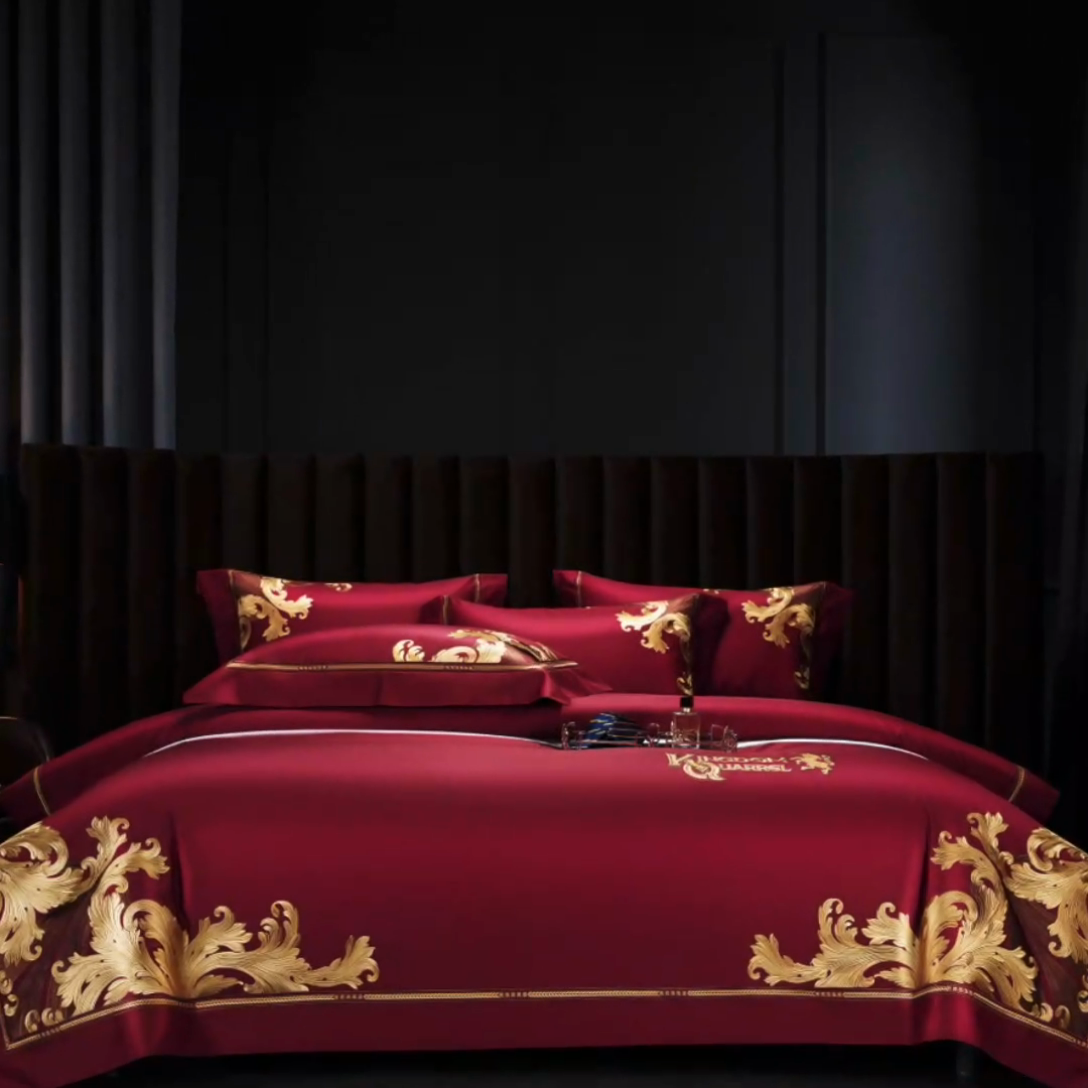 91家纺网 家纺一手货源 找家纺 缔缦 2024新款定织新布种S140系列刺绣拼角工艺四件套-威廉皇室 威廉皇室 酒红