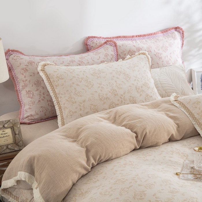 91家纺网 家纺一手货源 找家纺 鲁爱 2025新款全棉三层纱流苏款四件套 唯爱-浅咖