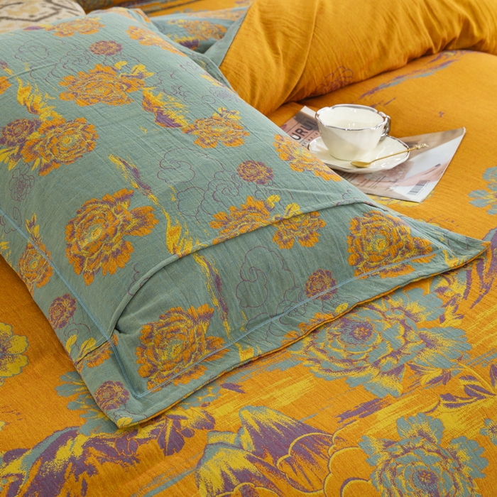 91家纺网 家纺一手货源 找家纺 鲁爱 2025新款大版色织提花全棉双层纱四件套 游园清梦-黄