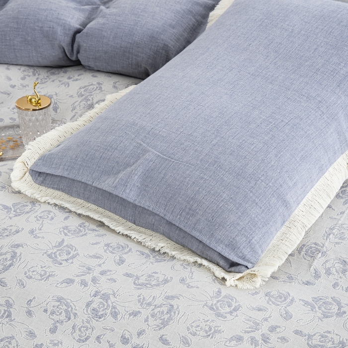 91家纺网 家纺一手货源 找家纺 鲁爱 2025新款全棉三层纱流苏款四件套 唯爱-蓝