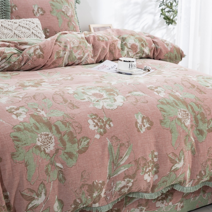 91家纺网 家纺一手货源 找家纺 鲁爱 2025新款全棉双层纱流苏花边四件套 寻芳-粉