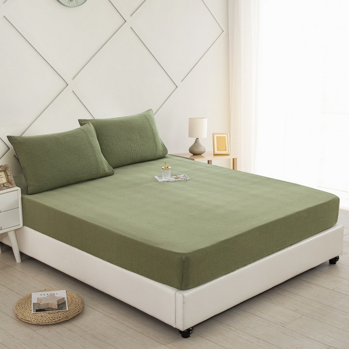 91家纺网 家纺一手货源 找家纺 鲁爱 2025新款色织提花全棉双层纱床笠（正反两用） 紫绿（双面用床笠）