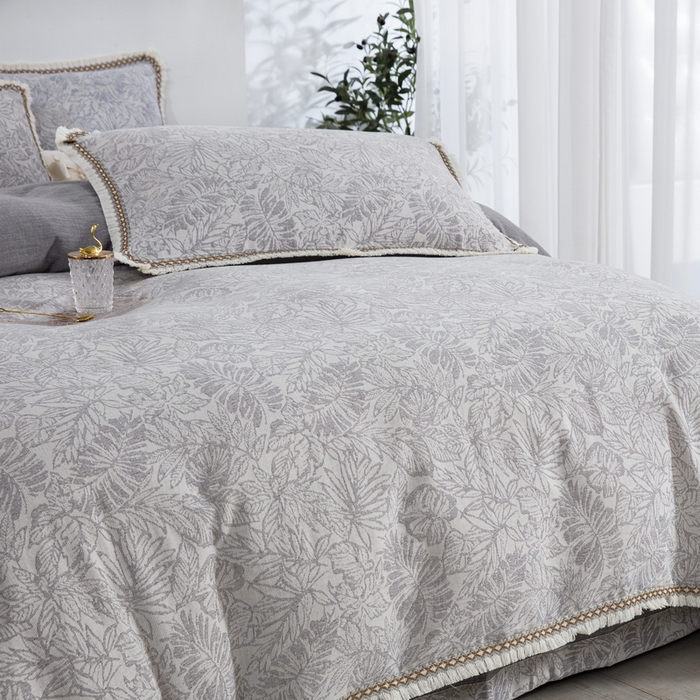 91家纺网 家纺一手货源 找家纺 鲁爱 2025新款全棉三层纱流苏款四件套 知心-灰